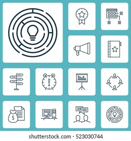 Set Of 12 Project Management Icons. Can Be Used For Web, Mobile, UI And Infographic Design. Includes Elements Such As Fork, Announcement, Warranty And More.