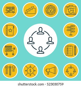 Set Of 12 Project Management Icons. Can Be Used For Web, Mobile, UI And Infographic Design. Includes Elements Such As Project, Cash, Decision And More.