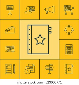 Set Of 12 Project Management Icons. Can Be Used For Web, Mobile, UI And Infographic Design. Includes Elements Such As Statistic, Quality, Announcement And More.