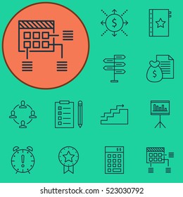 Set Of 12 Project Management Icons. Can Be Used For Web, Mobile, UI And Infographic Design. Includes Elements Such As List, Award, Flow And More.