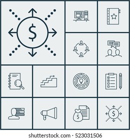 Set Of 12 Project Management Icons. Can Be Used For Web, Mobile, UI And Infographic Design. Includes Elements Such As Promotion, Brainstorming, Analysis And More.