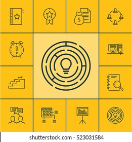 Set Of 12 Project Management Icons. Can Be Used For Web, Mobile, UI And Infographic Design. Includes Elements Such As Brainstorm, Revenue, Chart And More.