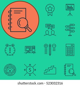 Set Of 12 Project Management Icons. Can Be Used For Web, Mobile, UI And Infographic Design. Includes Elements Such As Idea, Analysis, Goal And More.