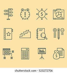 Set Of 12 Project Management Icons. Can Be Used For Web, Mobile, UI And Infographic Design. Includes Elements Such As Investment, Notebook, Report And More.