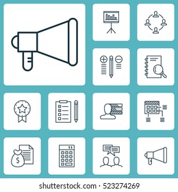 Set Of 12 Project Management Icons. Can Be Used For Web, Mobile, UI And Infographic Design. Includes Elements Such As Reminder, Award, Advertising And More.