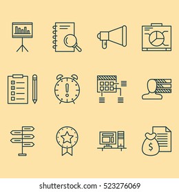 Set Of 12 Project Management Icons. Can Be Used For Web, Mobile, UI And Infographic Design. Includes Elements Such As Badge, Research, Project And More.