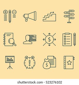 Set Of 12 Project Management Icons. Can Be Used For Web, Mobile, UI And Infographic Design. Includes Elements Such As Date, Revenue, Money And More.