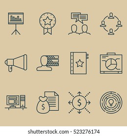 Set Of 12 Project Management Icons. Can Be Used For Web, Mobile, UI And Infographic Design. Includes Elements Such As Report, Brainstorming, Dashboard And More.