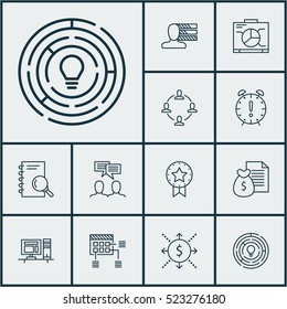 Set Of 12 Project Management Icons. Can Be Used For Web, Mobile, UI And Infographic Design. Includes Elements Such As Workspace, Flow, Plan And More.