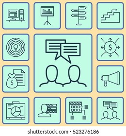 Set Of 12 Project Management Icons. Can Be Used For Web, Mobile, UI And Infographic Design. Includes Elements Such As Money, Growth, Advertising And More.