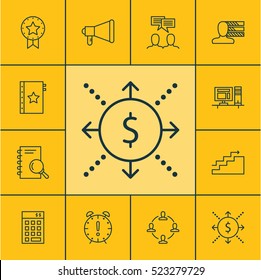 Set Of 12 Project Management Icons. Can Be Used For Web, Mobile, UI And Infographic Design. Includes Elements Such As Advertising, Budget, Date And More.