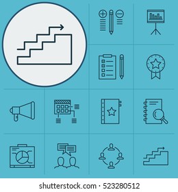 Set Of 12 Project Management Icons. Can Be Used For Web, Mobile, UI And Infographic Design. Includes Elements Such As Advertising, Reminder, Schedule And More.