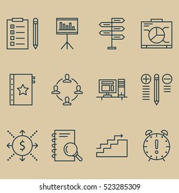 Set Of 12 Project Management Icons. Can Be Used For Web, Mobile, UI And Infographic Design. Includes Elements Such As Quality, Date, Cash And More.
