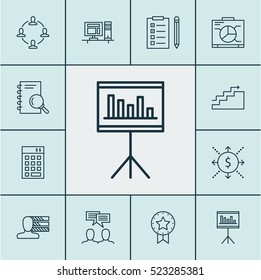 Set Of 12 Project Management Icons. Can Be Used For Web, Mobile, UI And Infographic Design. Includes Elements Such As Presentation, Reminder, Win And More.