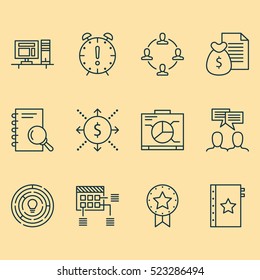 Set Of 12 Project Management Icons. Can Be Used For Web, Mobile, UI And Infographic Design. Includes Elements Such As Quality, Workspace, Time And More.