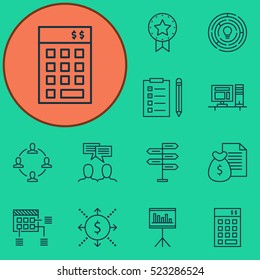 Set Of 12 Project Management Icons. Can Be Used For Web, Mobile, UI And Infographic Design. Includes Elements Such As Brainstorming, Teamwork, Revenue And More.