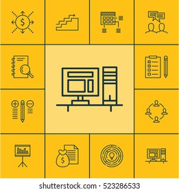 Set Of 12 Project Management Icons. Can Be Used For Web, Mobile, UI And Infographic Design. Includes Elements Such As Teamwork, Computer, Solution And More.