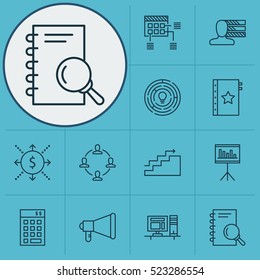 Set Of 12 Project Management Icons. Can Be Used For Web, Mobile, UI And Infographic Design. Includes Elements Such As Skills, Brainstorming, Teamwork And More.