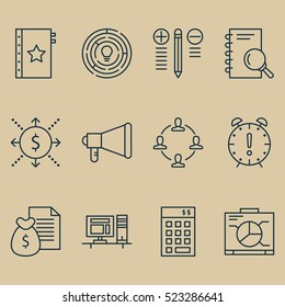 Set Of 12 Project Management Icons. Can Be Used For Web, Mobile, UI And Infographic Design. Includes Elements Such As Analysis, Decision, Office And More.