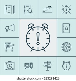 Set Of 12 Project Management Icons. Can Be Used For Web, Mobile, UI And Infographic Design. Includes Elements Such As Task, Announcement, Analysis And More.