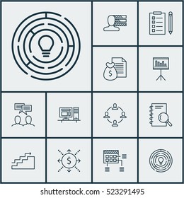 Set Of 12 Project Management Icons. Can Be Used For Web, Mobile, UI And Infographic Design. Includes Elements Such As Team, Research, Notebook And More.