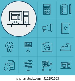 Set Of 12 Project Management Icons. Can Be Used For Web, Mobile, UI And Infographic Design. Includes Elements Such As Workspace, Badge, Presentation And More.