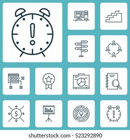 Set Of 12 Project Management Icons. Can Be Used For Web, Mobile, UI And Infographic Design. Includes Elements Such As Computer, Presentation, Notebook And More.