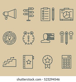 Set Of 12 Project Management Icons. Can Be Used For Web, Mobile, UI And Infographic Design. Includes Elements Such As Advertising, Promotion, Reminder And More.