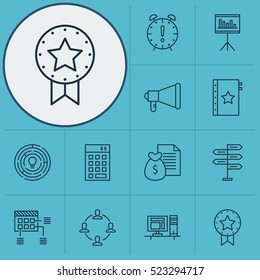 Set Of 12 Project Management Icons. Can Be Used For Web, Mobile, UI And Infographic Design. Includes Elements Such As Project, Computer, Badge And More.