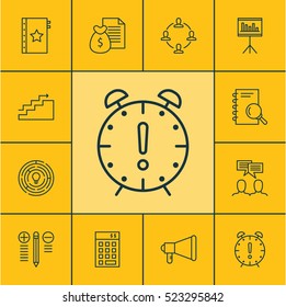 Set Of 12 Project Management Icons. Can Be Used For Web, Mobile, UI And Infographic Design. Includes Elements Such As Notebook, Statistic, Presentation And More.