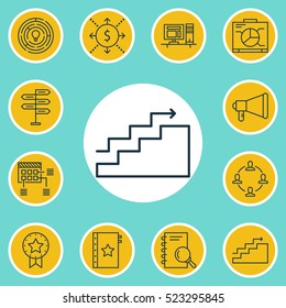 Set Of 12 Project Management Icons. Can Be Used For Web, Mobile, UI And Infographic Design. Includes Elements Such As Goal, Quality, Growth And More.