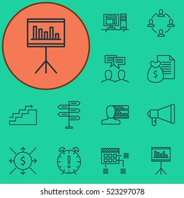 Set Of 12 Project Management Icons. Can Be Used For Web, Mobile, UI And Infographic Design. Includes Elements Such As Team, Skills, Growth And More.