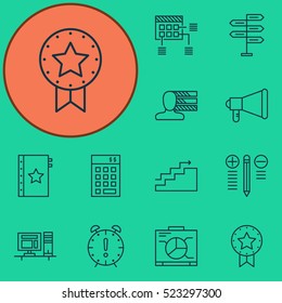 Set Of 12 Project Management Icons. Can Be Used For Web, Mobile, UI And Infographic Design. Includes Elements Such As Promotion, Decision, Office And More.