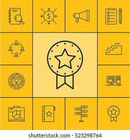 Set Of 12 Project Management Icons. Can Be Used For Web, Mobile, UI And Infographic Design. Includes Elements Such As Warranty, Badge, Flow And More.