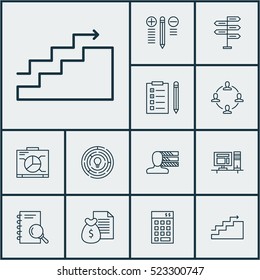 Set Of 12 Project Management Icons. Can Be Used For Web, Mobile, UI And Infographic Design. Includes Elements Such As Money, Team, Skills And More.