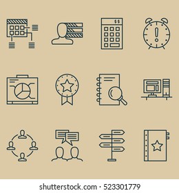 Set Of 12 Project Management Icons. Can Be Used For Web, Mobile, UI And Infographic Design. Includes Elements Such As Workspace, Award, Chart And More.
