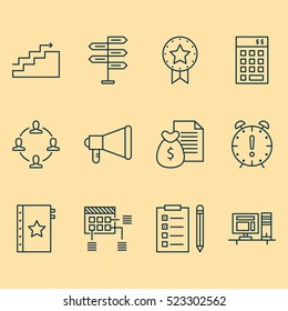 Set Of 12 Project Management Icons. Can Be Used For Web, Mobile, UI And Infographic Design. Includes Elements Such As Collaboration, Investment, Office And More.