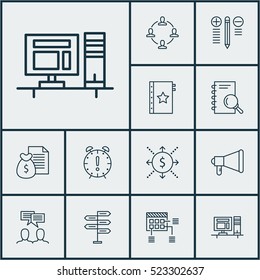 Set Of 12 Project Management Icons. Can Be Used For Web, Mobile, UI And Infographic Design. Includes Elements Such As Management, Teamwork, Warranty And More.