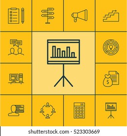 Set Of 12 Project Management Icons. Can Be Used For Web, Mobile, UI And Infographic Design. Includes Elements Such As Office, Team, Budget And More.