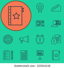 Set Of 12 Project Management Icons. Can Be Used For Web, Mobile, UI And Infographic Design. Includes Elements Such As Growth, Advertising, Workspace And More.