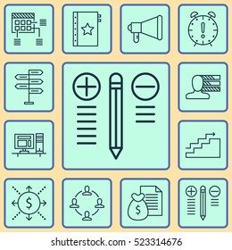 Set Of 12 Project Management Icons. Can Be Used For Web, Mobile, UI And Infographic Design. Includes Elements Such As Schedule, Personal, Office And More.