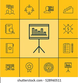 Set Of 12 Project Management Icons. Can Be Used For Web, Mobile, UI And Infographic Design. Includes Elements Such As Personal Skills, Collaboration, Discussion And More.