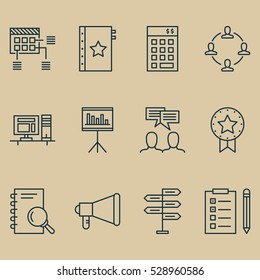 Set Of 12 Project Management Icons. Can Be Used For Web, Mobile, UI And Infographic Design. Includes Elements Such As Investment, Present Badge, Collaboration And More.