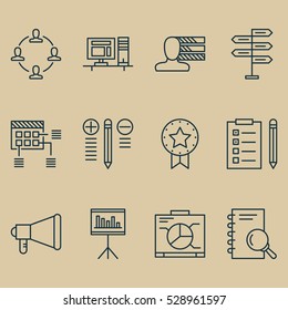 Set Of 12 Project Management Icons. Can Be Used For Web, Mobile, UI And Infographic Design. Includes Elements Such As Personal Skills, Opportunity, Collaboration And More.