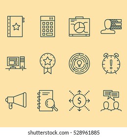 Set Of 12 Project Management Icons. Can Be Used For Web, Mobile, UI And Infographic Design. Includes Elements Such As Investment, Announcement, Money And More.