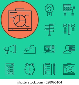 Set Of 12 Project Management Icons. Can Be Used For Web, Mobile, UI And Infographic Design. Includes Elements Such As Growth, Board, Present Badge And More.