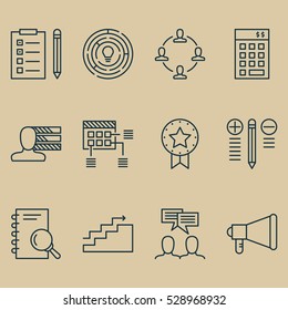 Set Of 12 Project Management Icons. Can Be Used For Web, Mobile, UI And Infographic Design. Includes Elements Such As Reminder, Personal Skills, Announcement And More.