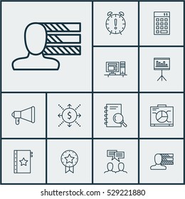 Set Of 12 Project Management Icons. Can Be Used For Web, Mobile, UI And Infographic Design. Includes Elements Such As Board, Present Badge, Computer And More.