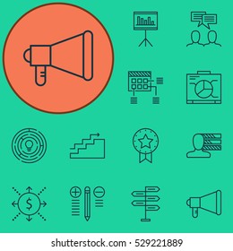 Set Of 12 Project Management Icons. Can Be Used For Web, Mobile, UI And Infographic Design. Includes Elements Such As Schedule, Present Badge, Decision Making And More.