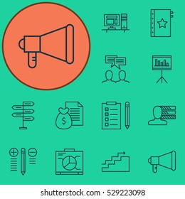 Set Of 12 Project Management Icons. Can Be Used For Web, Mobile, UI And Infographic Design. Includes Elements Such As Decision Making, Growth, Announcement And More.